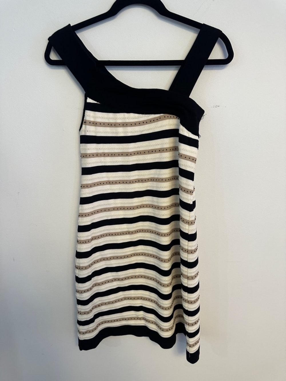 Asymmetrical One-Shoulder Striped Knit Dress in Black and Cream - Picture 5 of 5